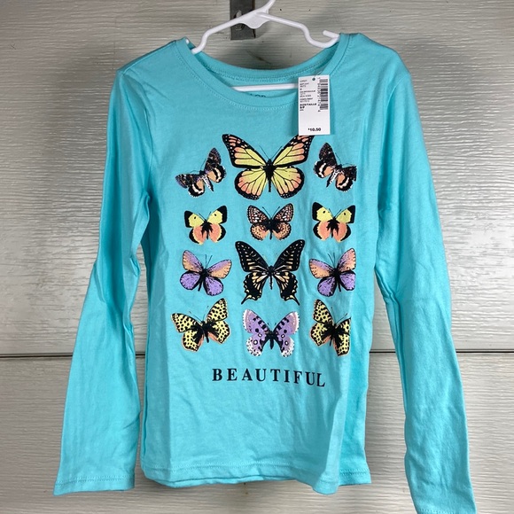 Place Other - Girls Children PLACE Long Sleeve Graphic Tee Blue Butterfly Beautiful Size S 5/6